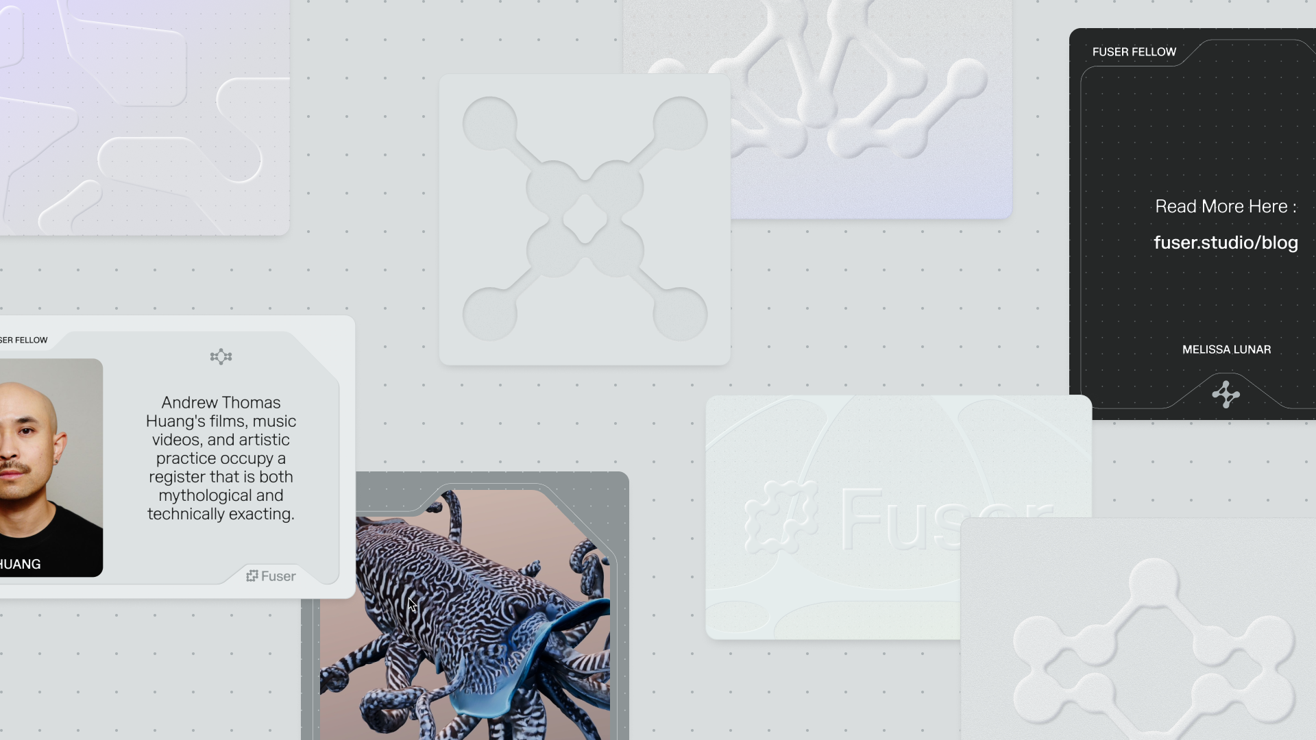 Fuser Studio brand artifacts, including embossed symbols, identity graphics, and artist fellowship layouts.